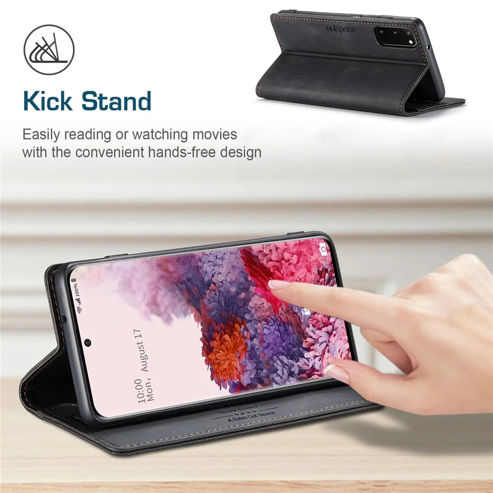 AUTSPACE A01 Series for Samsung Galaxy S20 4G/5G PU Leather Case RFID Blocking Wallet Flip Stand Cover - Black - 5