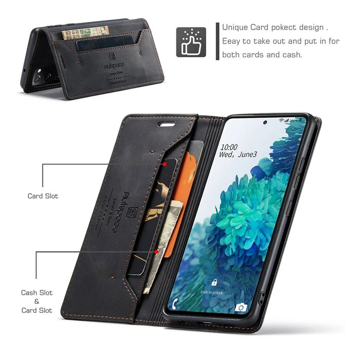 AUTSPACE A01 Series for Samsung Galaxy S20 FE 4G/5G/S20 Lite/S20 Fan Edition 4G/5G/S20 FE 2022 PU Leather Case RFID Blocking Cover - Black - 4