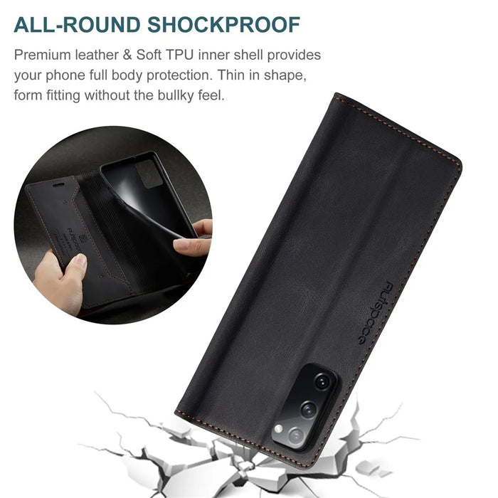 AUTSPACE A01 Series for Samsung Galaxy S20 FE 4G/5G/S20 Lite/S20 Fan Edition 4G/5G/S20 FE 2022 PU Leather Case RFID Blocking Cover - Black - 6