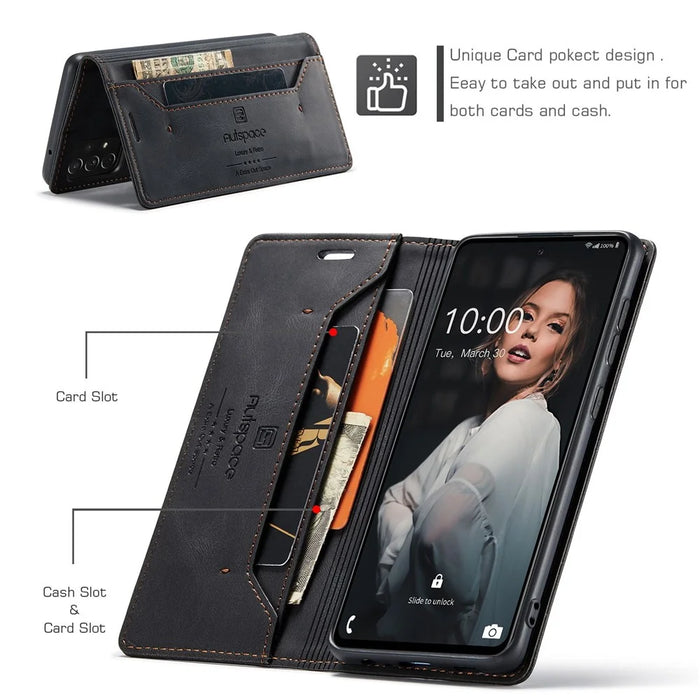 AUTSPACE A01 Series for Samsung Galaxy A72 4G/5G PU Leather Case RFID Blocking Wallet Flip Stand Cover - Black - 4