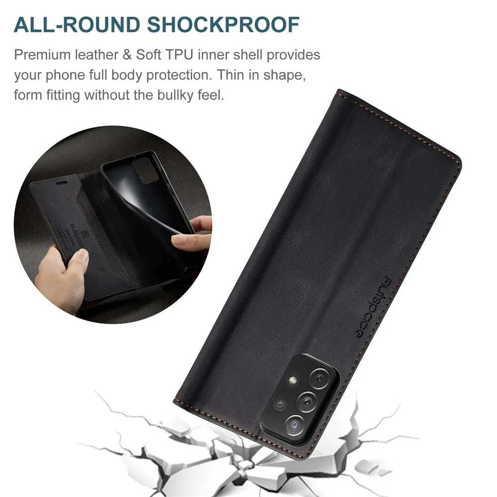 AUTSPACE A01 Series for Samsung Galaxy A72 4G/5G PU Leather Case RFID Blocking Wallet Flip Stand Cover - Black - 6