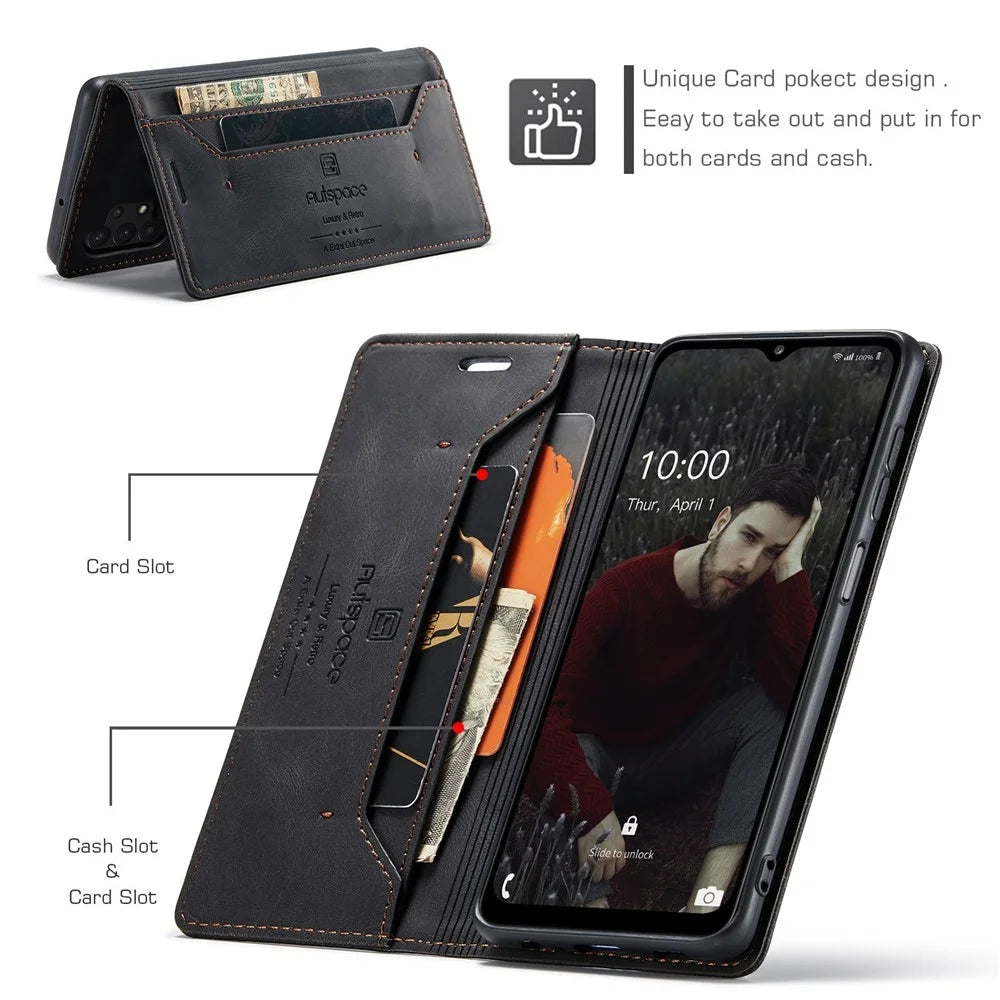 AUTSPACE A01 Series for Samsung Galaxy A32 5G/M32 5G PU Leather Case RFID Blocking Vintage Wallet Stand Flip Cover - Black - 4