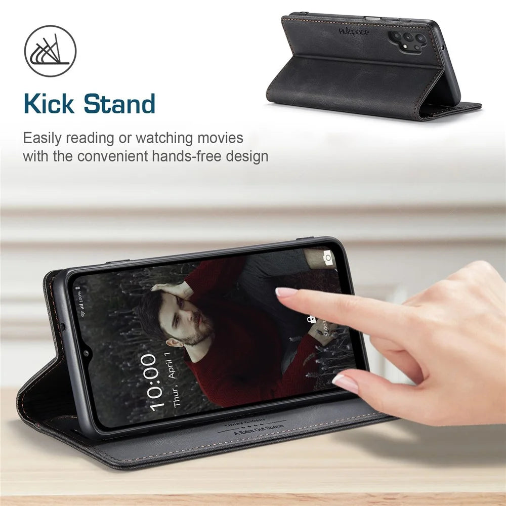 AUTSPACE A01 Series for Samsung Galaxy A32 5G/M32 5G PU Leather Case RFID Blocking Vintage Wallet Stand Flip Cover - Black - 5