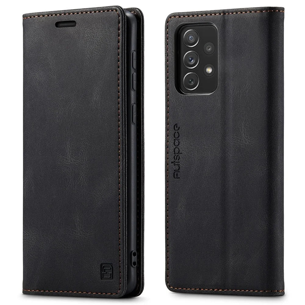 AUTSPACE A01 Series for Samsung Galaxy A33 5G PU Leather Case RFID Blocking Vintage Wallet Stand Flip Cover - Black - 1