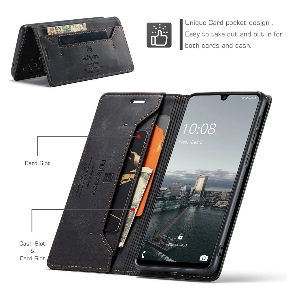 AUTSPACE A01 Series for Samsung Galaxy A33 5G PU Leather Case RFID Blocking Vintage Wallet Stand Flip Cover - Black - 4