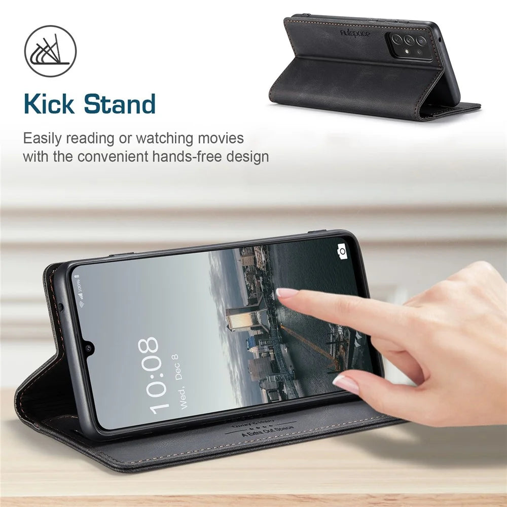 AUTSPACE A01 Series for Samsung Galaxy A33 5G PU Leather Case RFID Blocking Vintage Wallet Stand Flip Cover - Black - 5