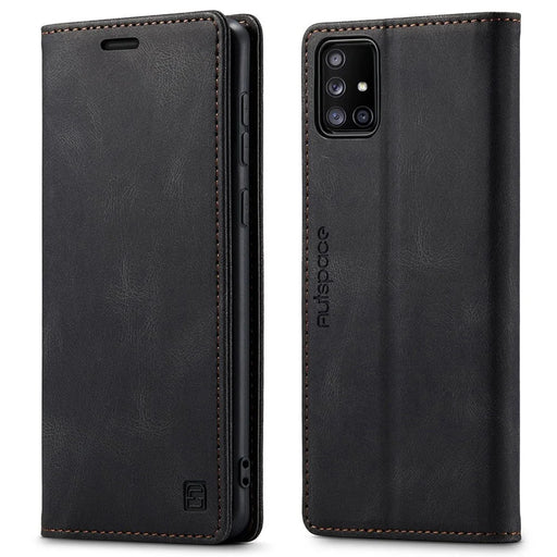 AUTSPACE A01 Series for Samsung Galaxy A51 4G SM-A515 PU Leather Case RFID Blocking Vintage Wallet Stand Flip Cover - Black - 1