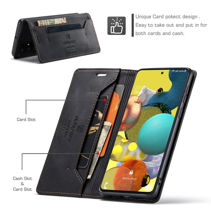 AUTSPACE A01 Series for Samsung Galaxy A51 4G SM-A515 PU Leather Case RFID Blocking Vintage Wallet Stand Flip Cover - Black - 4