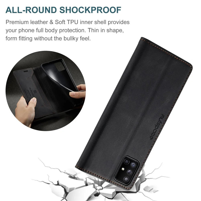 AUTSPACE A01 Series for Samsung Galaxy A51 4G SM-A515 PU Leather Case RFID Blocking Vintage Wallet Stand Flip Cover - Black - 6