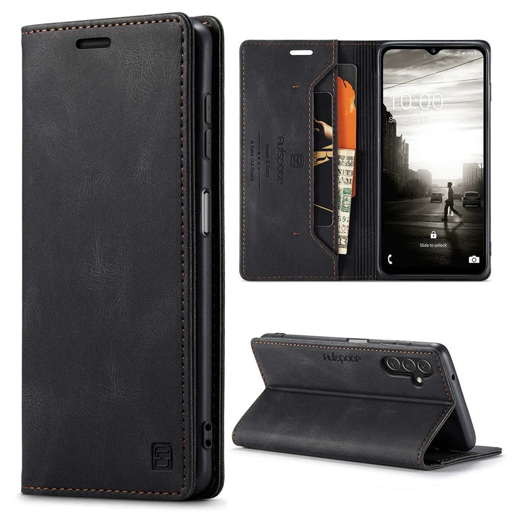 AUTSPACE A01 Series for Samsung Galaxy A13 5G / A04s 4G (164.7mm) PU Leather Case RFID Blocking Wallet Stand Flip Cover - Black - 1