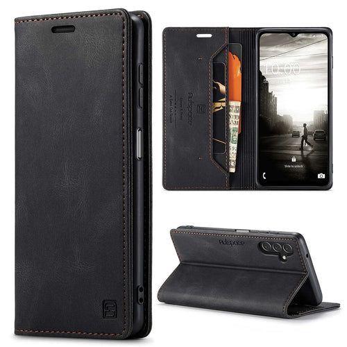 AUTSPACE A01 Series for Samsung Galaxy A13 5G / A04s 4G (164.7mm) PU Leather Case RFID Blocking Wallet Stand Flip Cover - Black - 1