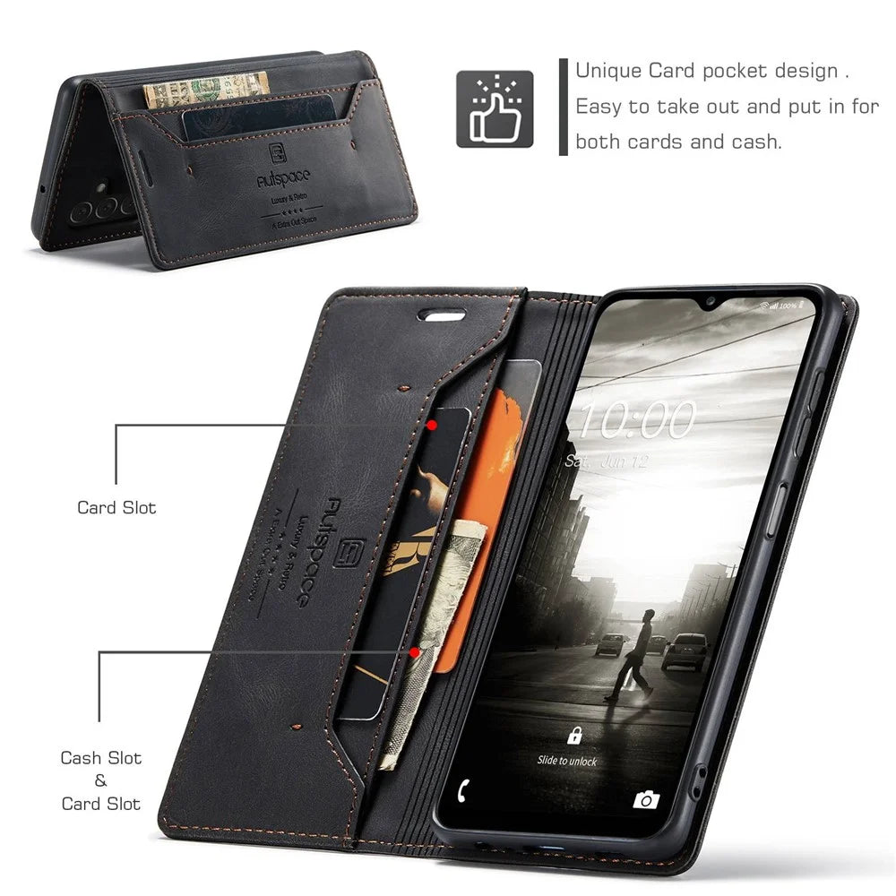 AUTSPACE A01 Series for Samsung Galaxy A13 5G / A04s 4G (164.7mm) PU Leather Case RFID Blocking Wallet Stand Flip Cover - Black - 5