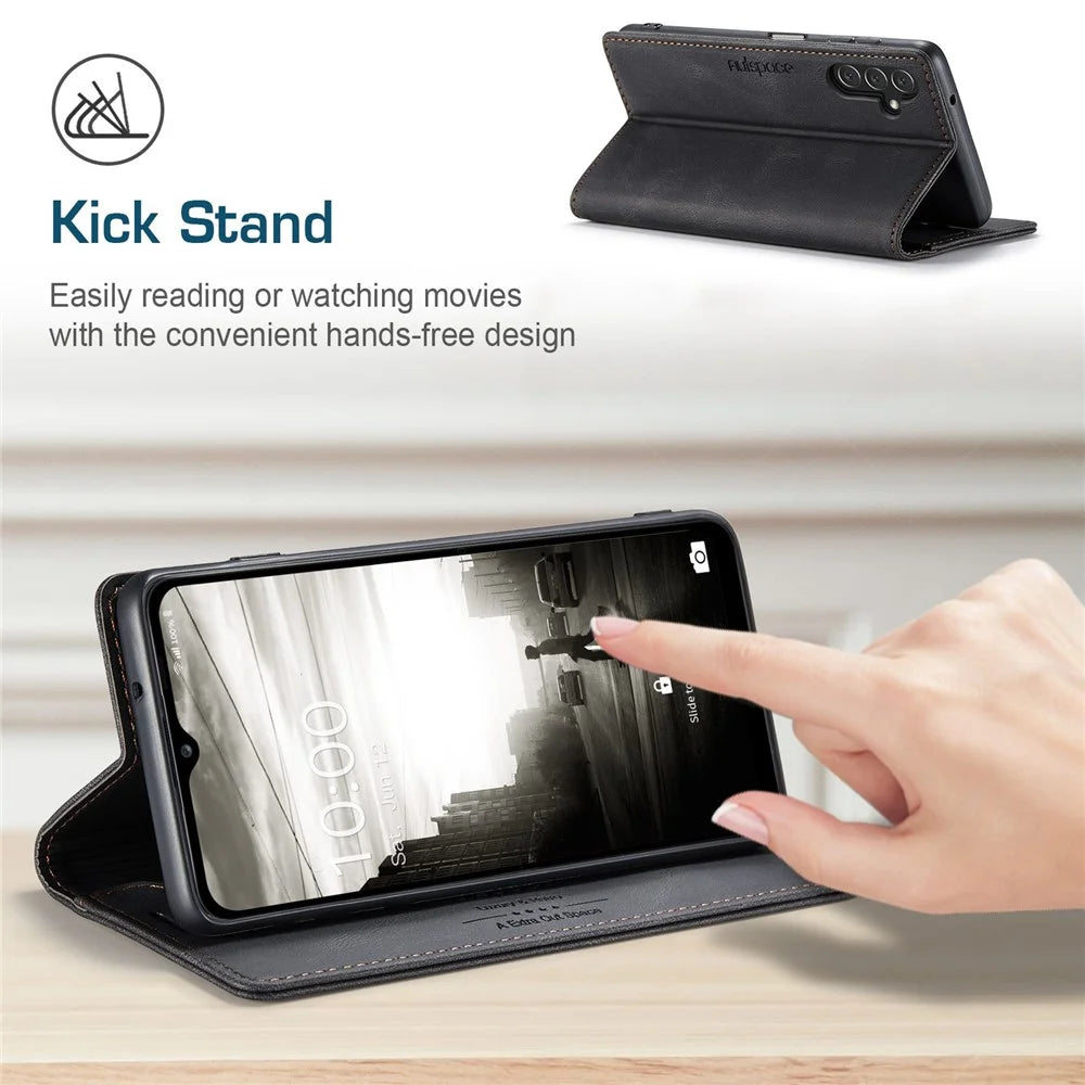AUTSPACE A01 Series for Samsung Galaxy A13 5G / A04s 4G (164.7mm) PU Leather Case RFID Blocking Wallet Stand Flip Cover - Black - 6