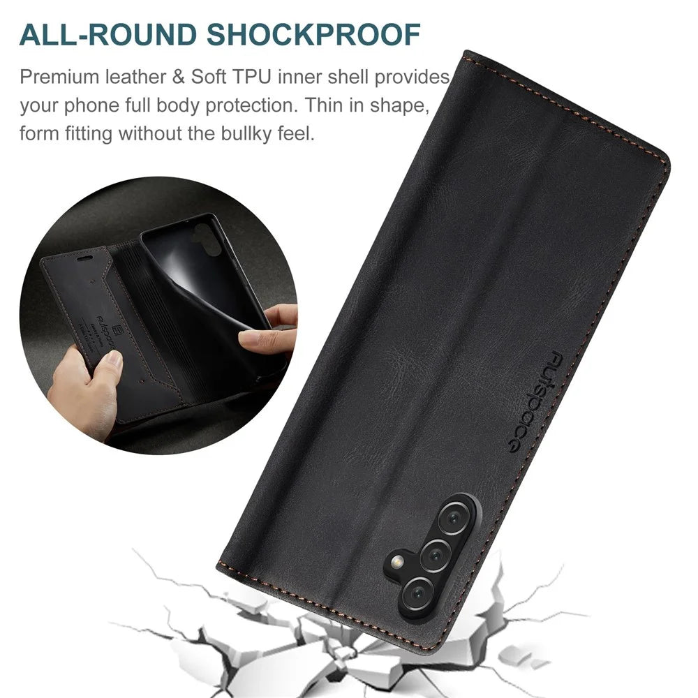 AUTSPACE A01 Series for Samsung Galaxy A13 5G / A04s 4G (164.7mm) PU Leather Case RFID Blocking Wallet Stand Flip Cover - Black - 7