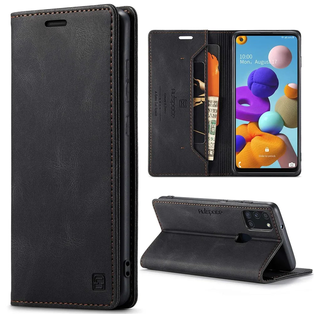AUTSPACE A01 Series for Samsung Galaxy A21s PU Leather Case RFID Blocking Vintage Wallet Stand Flip Cover - Black - 1