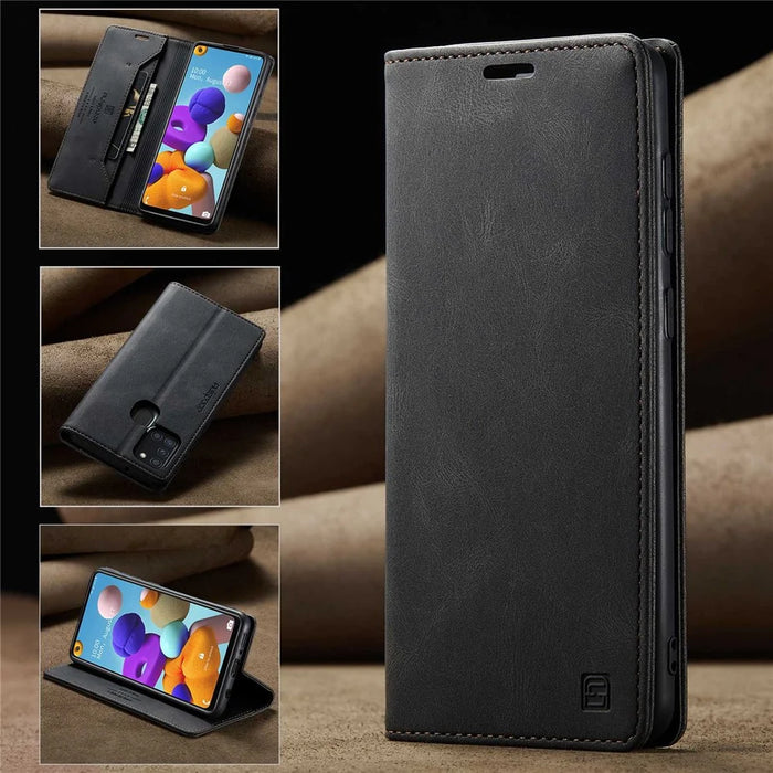 AUTSPACE A01 Series for Samsung Galaxy A21s PU Leather Case RFID Blocking Vintage Wallet Stand Flip Cover - Black - 4