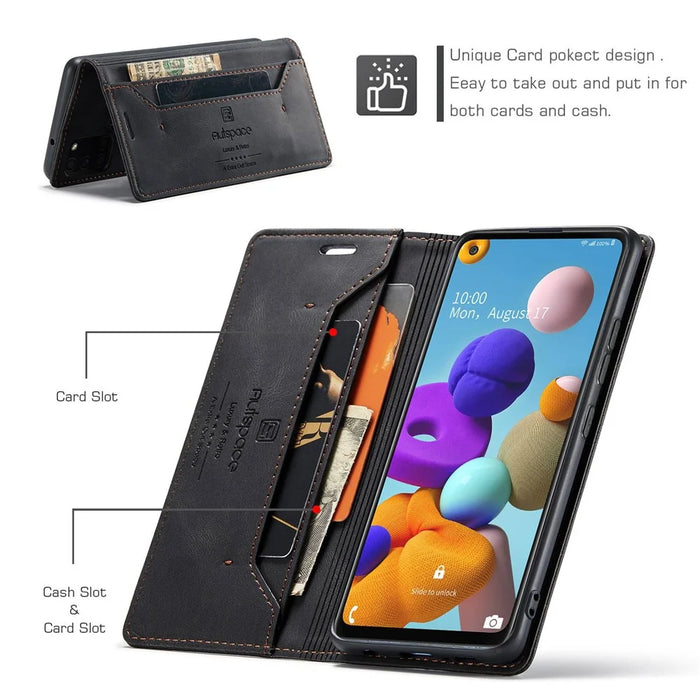 AUTSPACE A01 Series for Samsung Galaxy A21s PU Leather Case RFID Blocking Vintage Wallet Stand Flip Cover - Black - 5