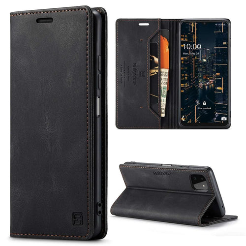 AUTSPACE A01 Series for Samsung Galaxy A22 5G (EU Version) PU Leather Protective Shell, Impact Resistant RFID Blocking Magnetic Closure Vintage Frosted Wallet Stand Flip Cover - Black - 1