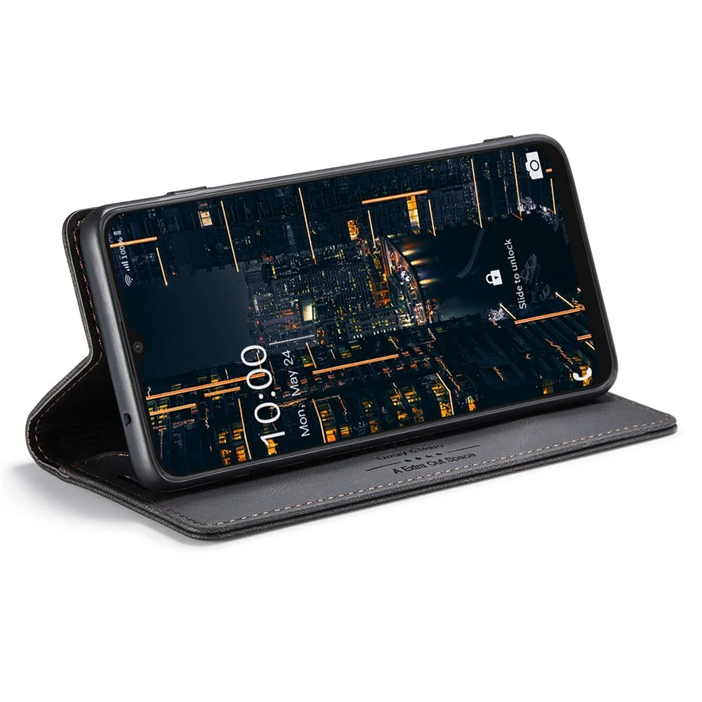 AUTSPACE A01 Series for Samsung Galaxy A22 5G (EU Version) PU Leather Protective Shell, Impact Resistant RFID Blocking Magnetic Closure Vintage Frosted Wallet Stand Flip Cover - Black - 3
