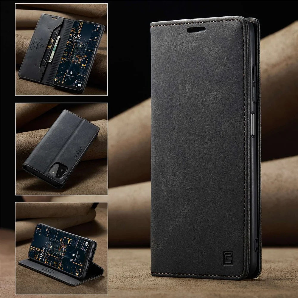 AUTSPACE A01 Series for Samsung Galaxy A22 5G (EU Version) PU Leather Protective Shell, Impact Resistant RFID Blocking Magnetic Closure Vintage Frosted Wallet Stand Flip Cover - Black - 4