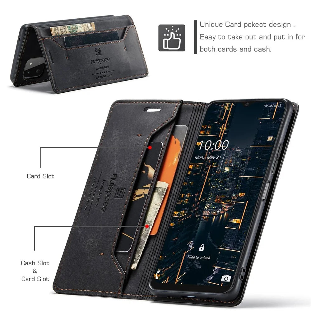 AUTSPACE A01 Series for Samsung Galaxy A22 5G (EU Version) PU Leather Protective Shell, Impact Resistant RFID Blocking Magnetic Closure Vintage Frosted Wallet Stand Flip Cover - Black - 5