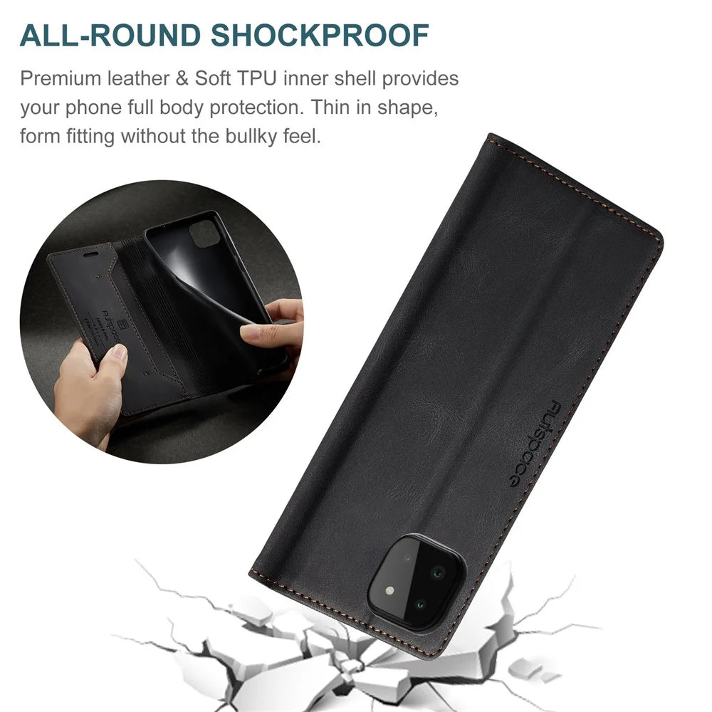 AUTSPACE A01 Series for Samsung Galaxy A22 5G (EU Version) PU Leather Protective Shell, Impact Resistant RFID Blocking Magnetic Closure Vintage Frosted Wallet Stand Flip Cover - Black - 7