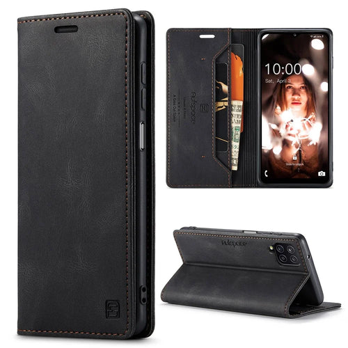 AUTSPACE A01 Series for Samsung Galaxy A12 PU Leather Case RFID Blocking Vintage Wallet Stand Flip Cover - Black - 1