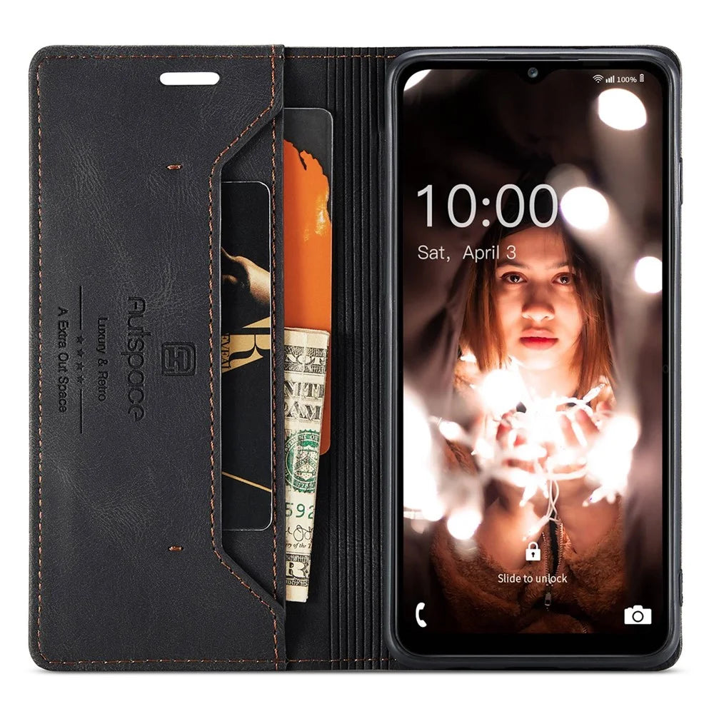 AUTSPACE A01 Series for Samsung Galaxy A12 PU Leather Case RFID Blocking Vintage Wallet Stand Flip Cover - Black - 2