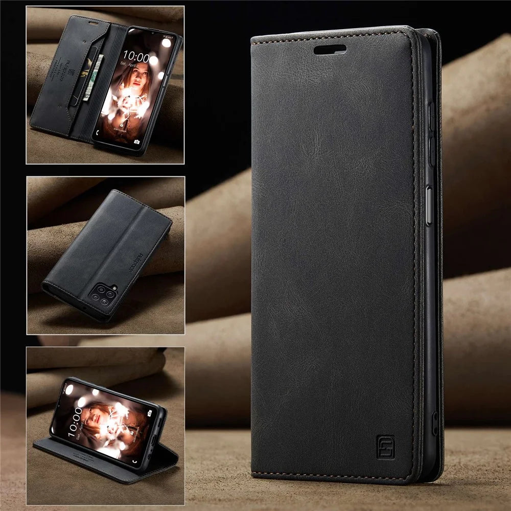 AUTSPACE A01 Series for Samsung Galaxy A12 PU Leather Case RFID Blocking Vintage Wallet Stand Flip Cover - Black - 4