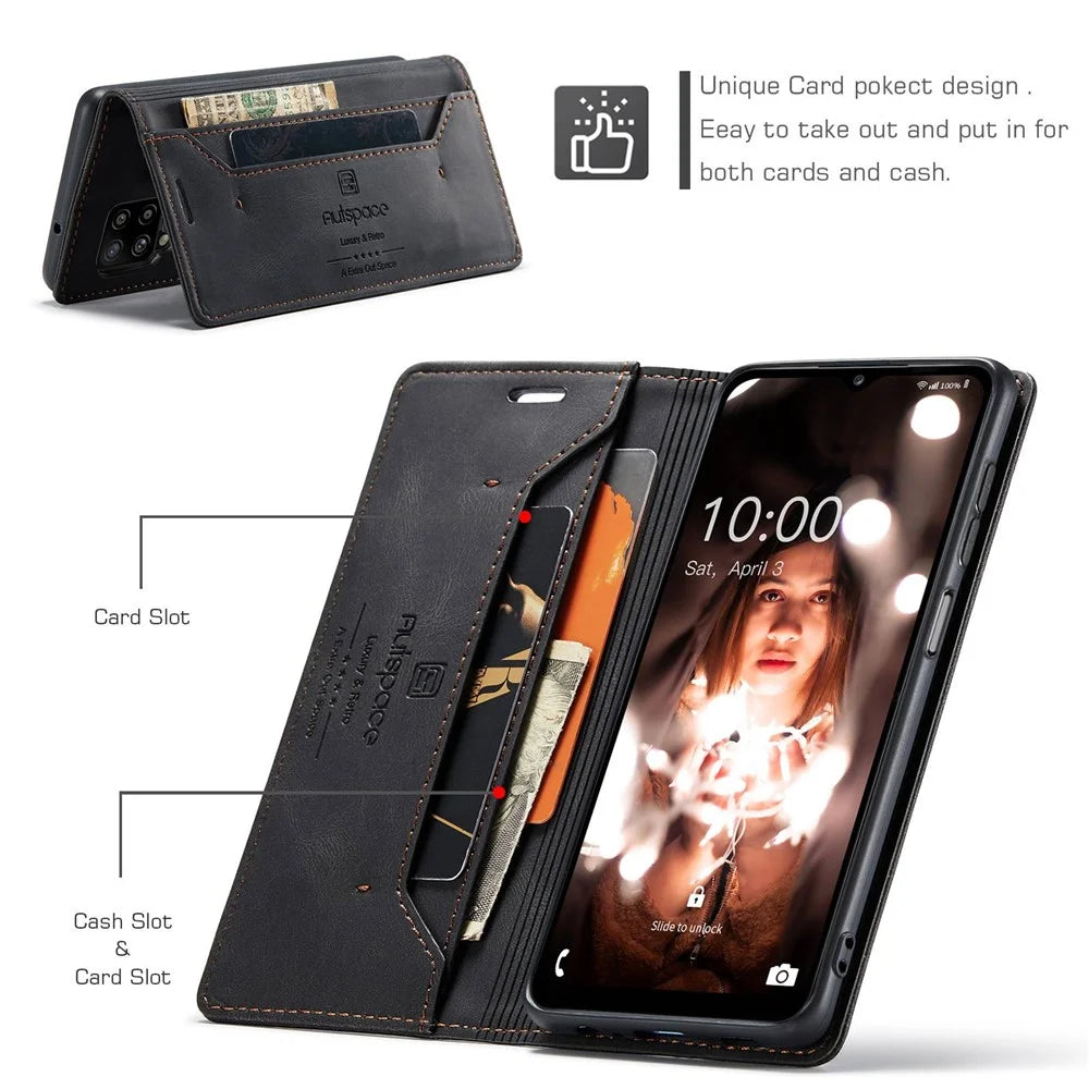 AUTSPACE A01 Series for Samsung Galaxy A12 PU Leather Case RFID Blocking Vintage Wallet Stand Flip Cover - Black - 5