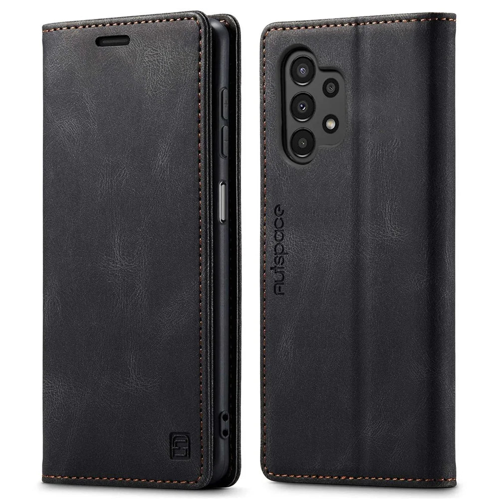 AUTSPACE A01 Series for Samsung Galaxy A13 4G PU Leather Case RFID Blocking Vintage Wallet Stand Flip Cover - Black - 1