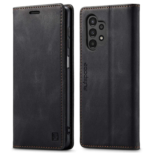 AUTSPACE A01 Series for Samsung Galaxy A13 4G PU Leather Case RFID Blocking Vintage Wallet Stand Flip Cover - Black - 1