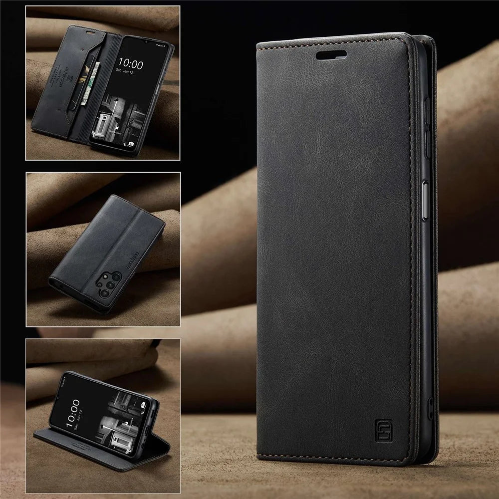 AUTSPACE A01 Series for Samsung Galaxy A13 4G PU Leather Case RFID Blocking Vintage Wallet Stand Flip Cover - Black - 4