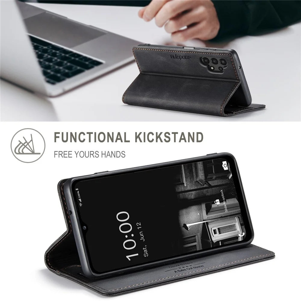 AUTSPACE A01 Series for Samsung Galaxy A13 4G PU Leather Case RFID Blocking Vintage Wallet Stand Flip Cover - Black - 5