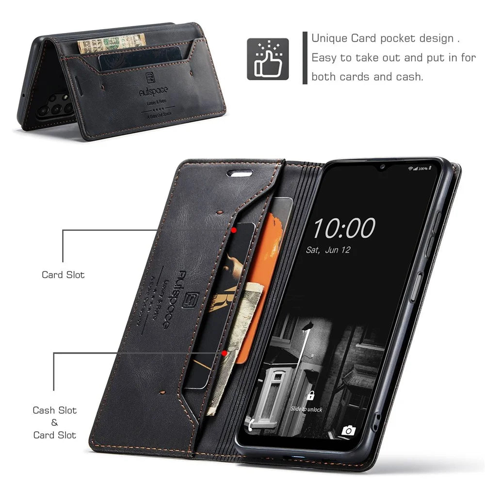 AUTSPACE A01 Series for Samsung Galaxy A13 4G PU Leather Case RFID Blocking Vintage Wallet Stand Flip Cover - Black - 6