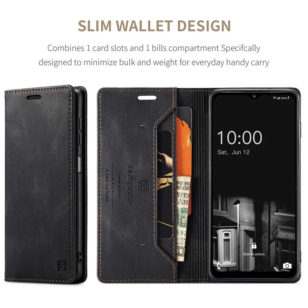 AUTSPACE A01 Series for Samsung Galaxy A13 4G PU Leather Case RFID Blocking Vintage Wallet Stand Flip Cover - Black - 7