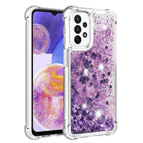 For Samsung Galaxy A23 5G (Global Version) / 4G TPU Case Glitter Quicksand Shockproof Phone Back Cover - Dark Purple / Hearts - 1