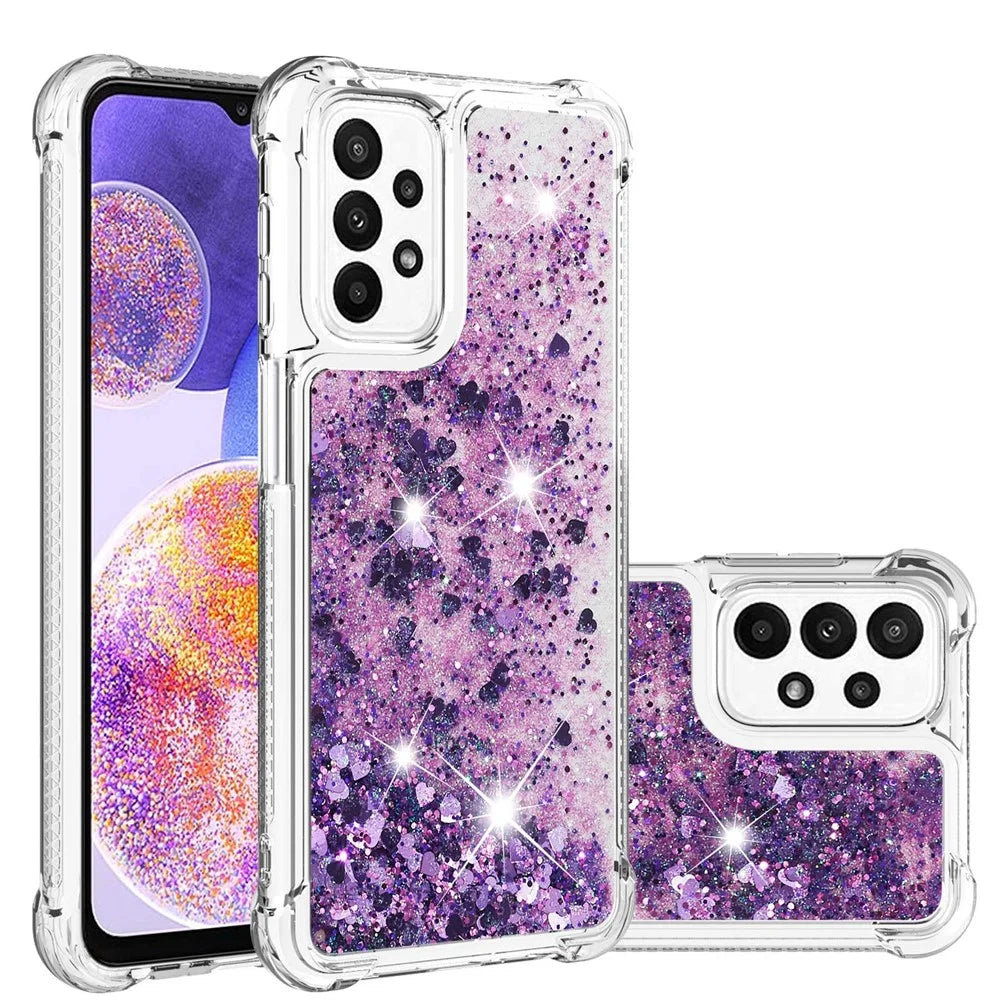 For Samsung Galaxy A23 5G (Global Version) / 4G TPU Case Glitter Quicksand Shockproof Phone Back Cover - Dark Purple / Hearts - 2