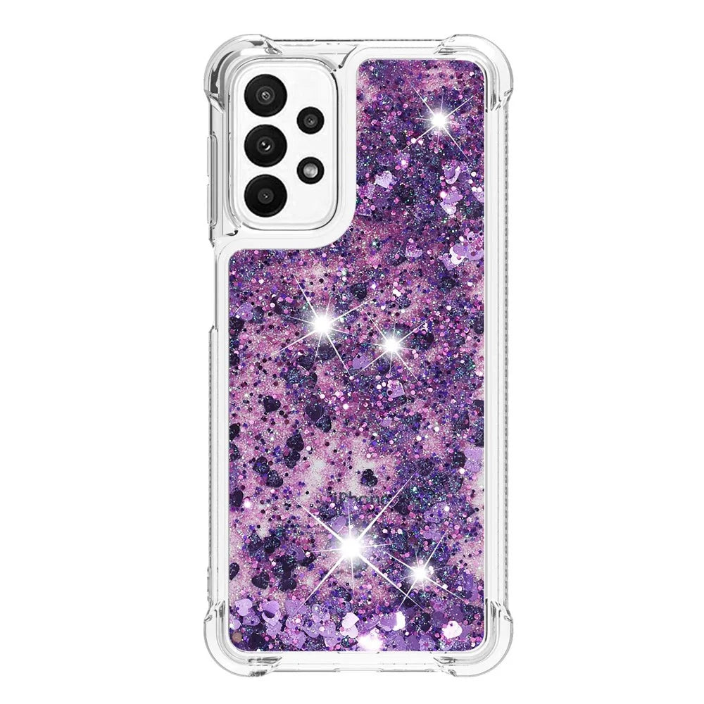 For Samsung Galaxy A23 5G (Global Version) / 4G TPU Case Glitter Quicksand Shockproof Phone Back Cover - Dark Purple / Hearts - 3