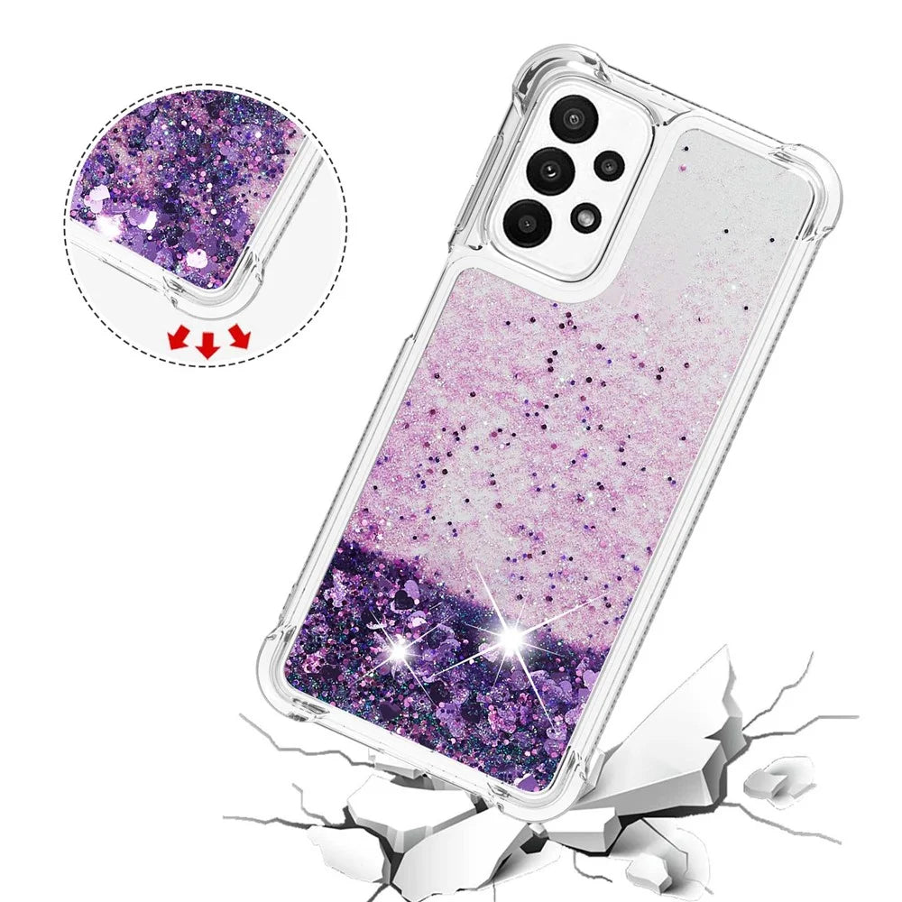 For Samsung Galaxy A23 5G (Global Version) / 4G TPU Case Glitter Quicksand Shockproof Phone Back Cover - Dark Purple / Hearts - 5