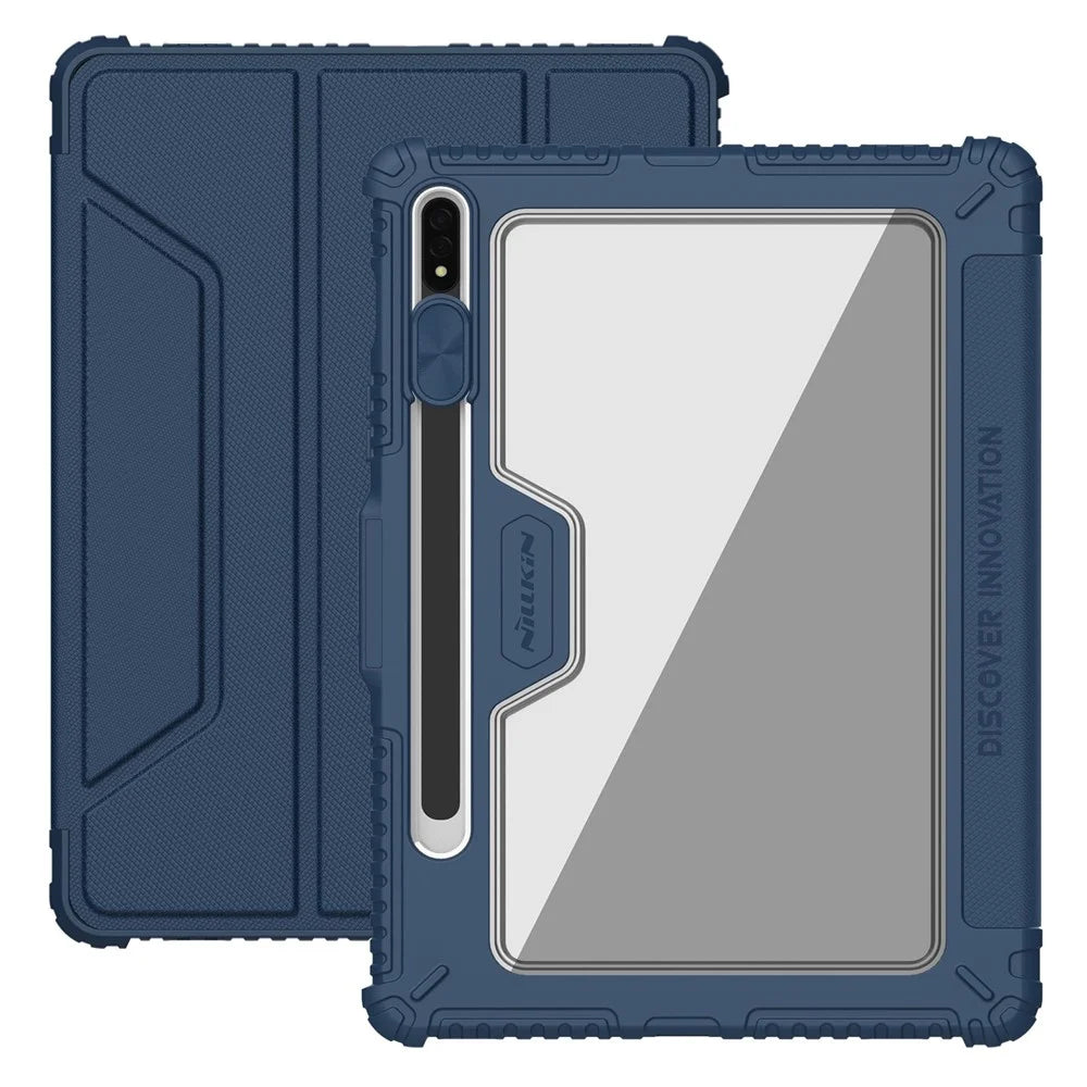 NILLKIN Bumper Leather Case Pro for Samsung Galaxy Tab S8 Wi-Fi SM-X700/5G SM-X706 Trifold Stand Textured PU Leather Tablet Cover Auto Wake/Sleep Protective Case with Camera Slider - Blue - 1
