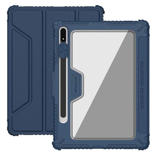 NILLKIN Bumper Leather Case Pro for Samsung Galaxy Tab S8 Wi-Fi SM-X700/5G SM-X706 Trifold Stand Textured PU Leather Tablet Cover Auto Wake/Sleep Protective Case with Camera Slider - Blue - 1