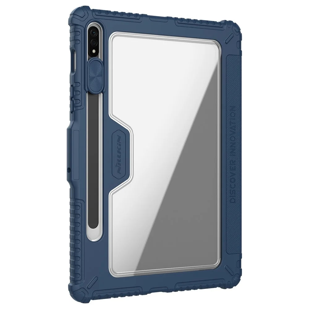 NILLKIN Bumper Leather Case Pro for Samsung Galaxy Tab S8 Wi-Fi SM-X700/5G SM-X706 Trifold Stand Textured PU Leather Tablet Cover Auto Wake/Sleep Protective Case with Camera Slider - Blue - 3