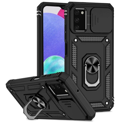 For Samsung Galaxy A03s (164.2mm) Ring Kickstand Phone Case Anti-fall Protection Hard PC + TPU Shell with Slide Camera Protection Cover - Black - 1