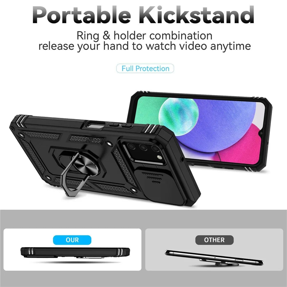 For Samsung Galaxy A03s (164.2mm) Ring Kickstand Phone Case Anti-fall Protection Hard PC + TPU Shell with Slide Camera Protection Cover - Black - 2
