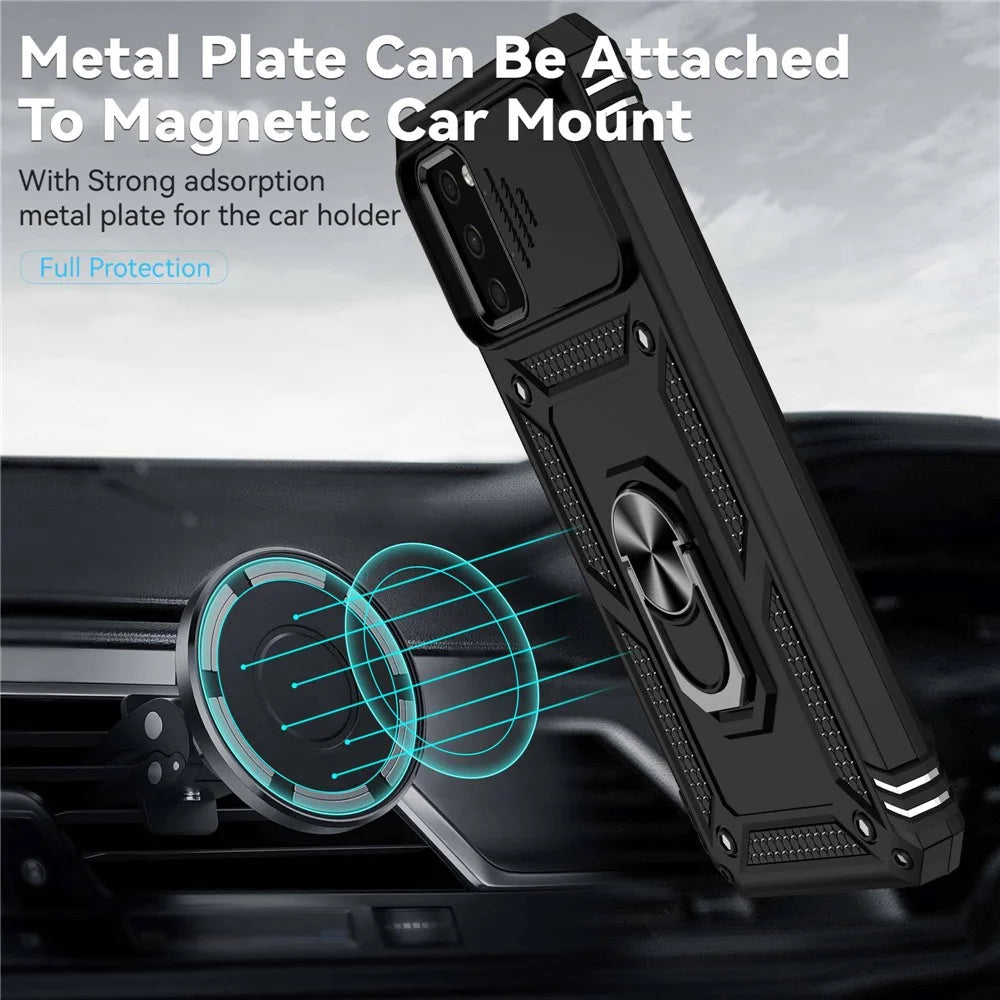 For Samsung Galaxy A03s (164.2mm) Ring Kickstand Phone Case Anti-fall Protection Hard PC + TPU Shell with Slide Camera Protection Cover - Black - 3