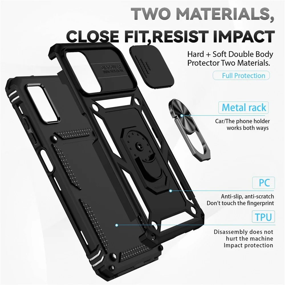 For Samsung Galaxy A03s (164.2mm) Ring Kickstand Phone Case Anti-fall Protection Hard PC + TPU Shell with Slide Camera Protection Cover - Black - 4