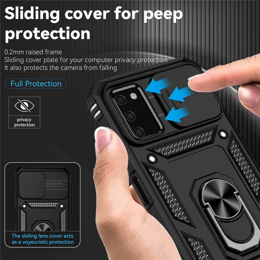 For Samsung Galaxy A03s (164.2mm) Ring Kickstand Phone Case Anti-fall Protection Hard PC + TPU Shell with Slide Camera Protection Cover - Black - 5