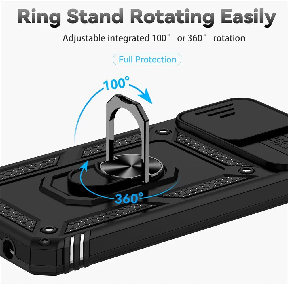 For Samsung Galaxy A03s (164.2mm) Ring Kickstand Phone Case Anti-fall Protection Hard PC + TPU Shell with Slide Camera Protection Cover - Black - 6