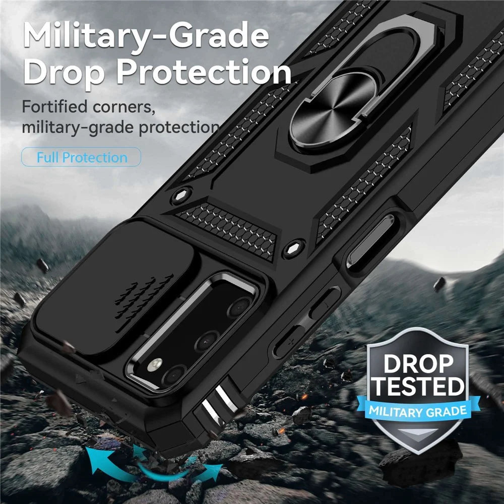 For Samsung Galaxy A03s (164.2mm) Ring Kickstand Phone Case Anti-fall Protection Hard PC + TPU Shell with Slide Camera Protection Cover - Black - 7